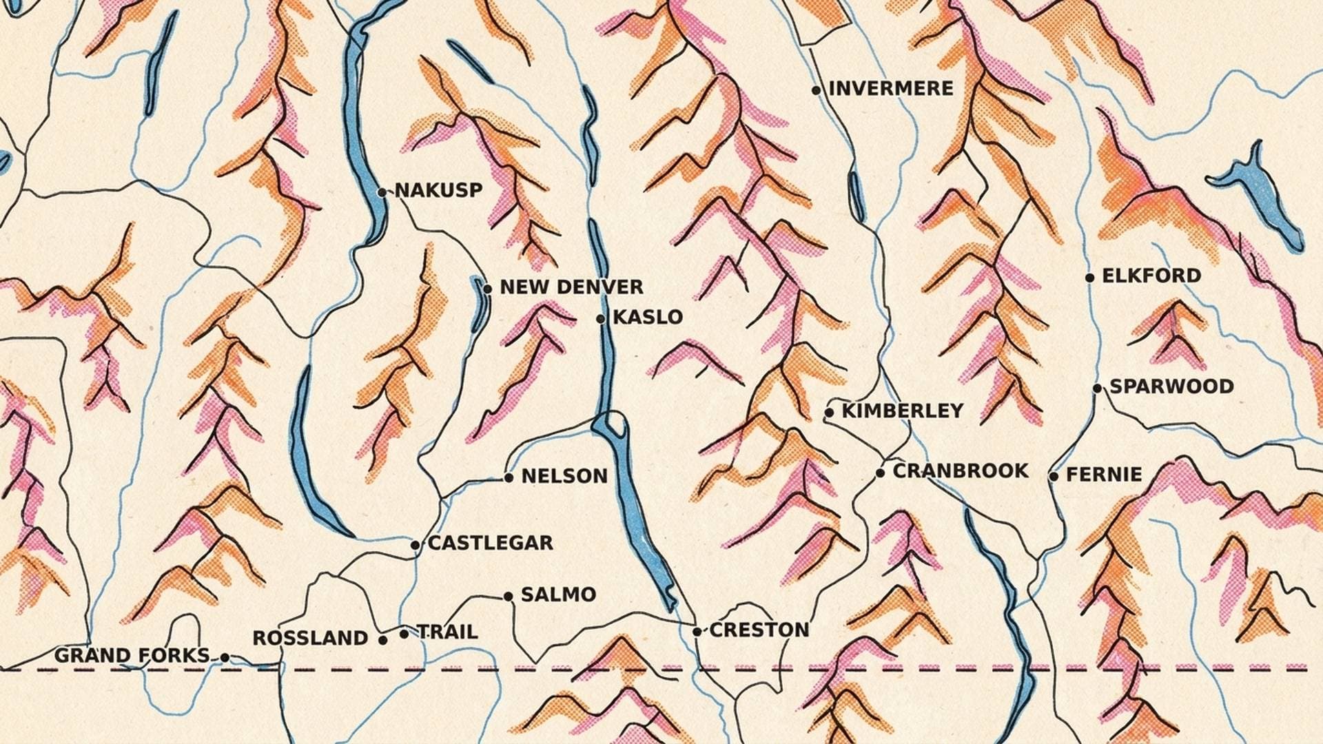 Riso illustration of a map of the Kootenays drawn from real survey data, the lakes, rivers and highways in their true places and sixteen towns hand-lettered across it